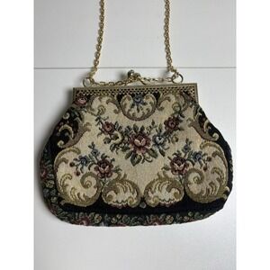 Vintage Made in Italy Floral Tapestry Evening Bag Gold Chain Kiss Lock Purse